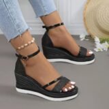 Shine bright in these glitter ankle strap wedge sandals – glam, height, and comfort in one chic pair.