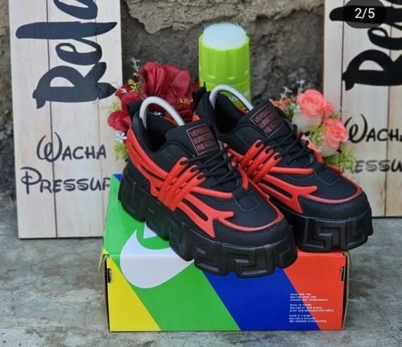 Sneakers in black and red Versace platform with a unique heel and platform sole, perfect for everyday wear.